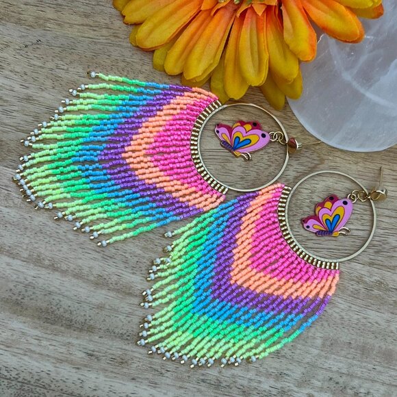 Handmade Beaded Long Tassel Fringe Dangle Drop Butterfly Post Hoop Earrings Wow! - Picture 5 of 8